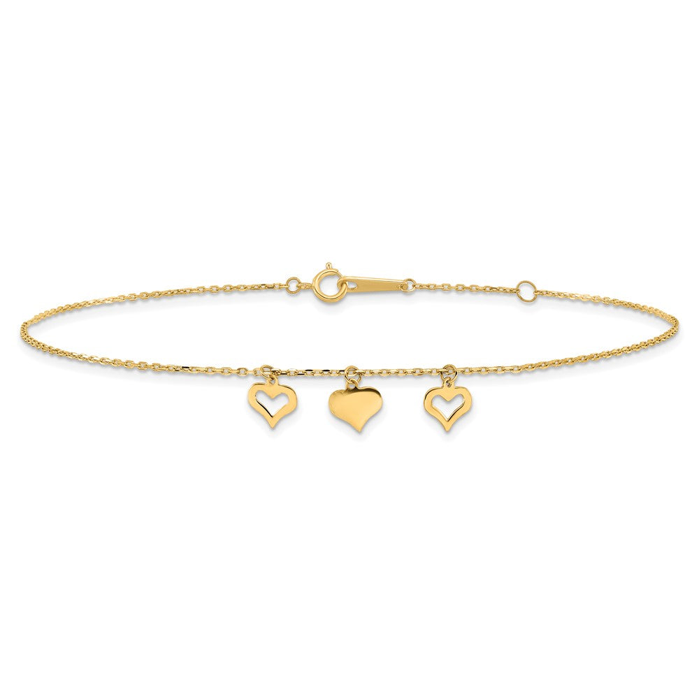 10k 3 Hearts 9in Plus 1in Extension Anklet-10ANK233-10