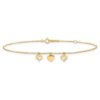 10k 3 Hearts 9in Plus 1in Extension Anklet-10ANK233-10