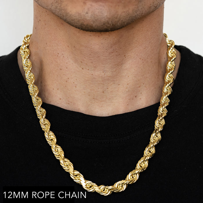 10K 12MM YELLOW GOLD SOLID DC ROPE 20" CHAIN NECKLACE (AVAILABLE IN LENGTHS 7" - 30")