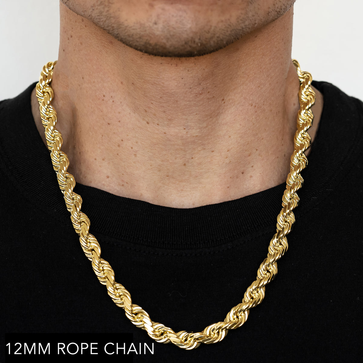 18K 12MM YELLOW GOLD SOLID DC ROPE 24" CHAIN NECKLACE (AVAILABLE IN LENGTHS 7" - 30")