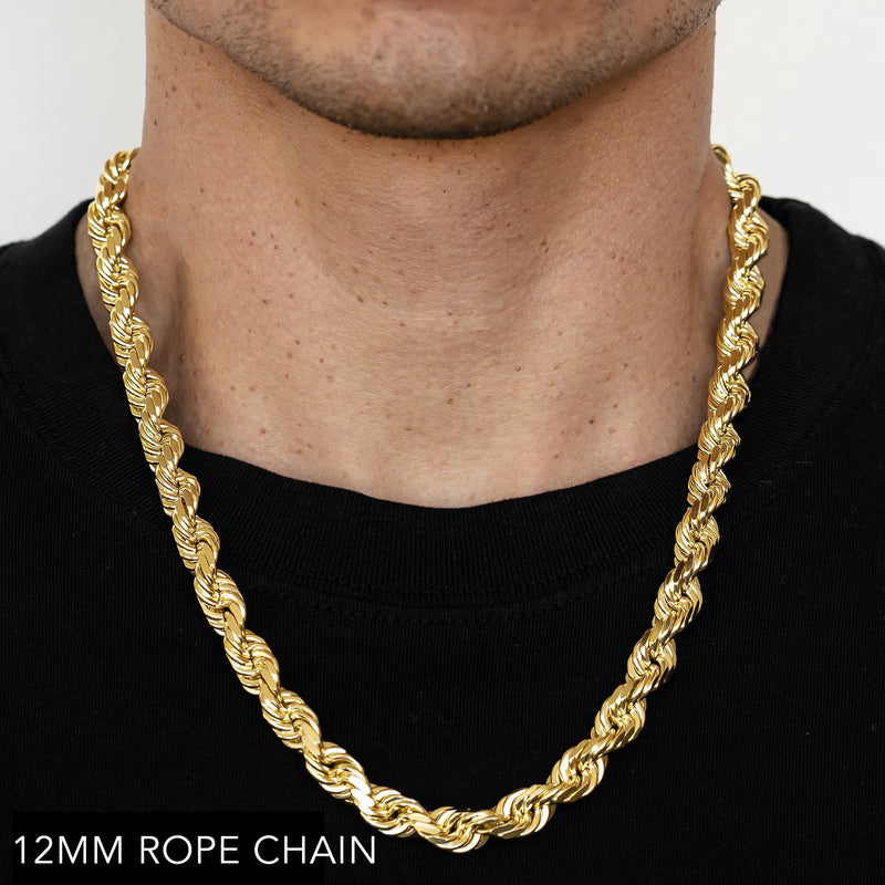 18K 12MM YELLOW GOLD SOLID DC ROPE 20" CHAIN NECKLACE (AVAILABLE IN LENGTHS 7" - 30")