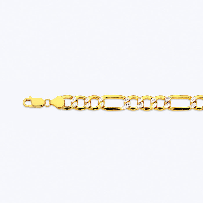 14K 10.5MM YELLOW GOLD HOLLOW PAVE FIGARO 8" CHAIN BRACELET (AVAILABLE IN LENGTHS 7" - 30")