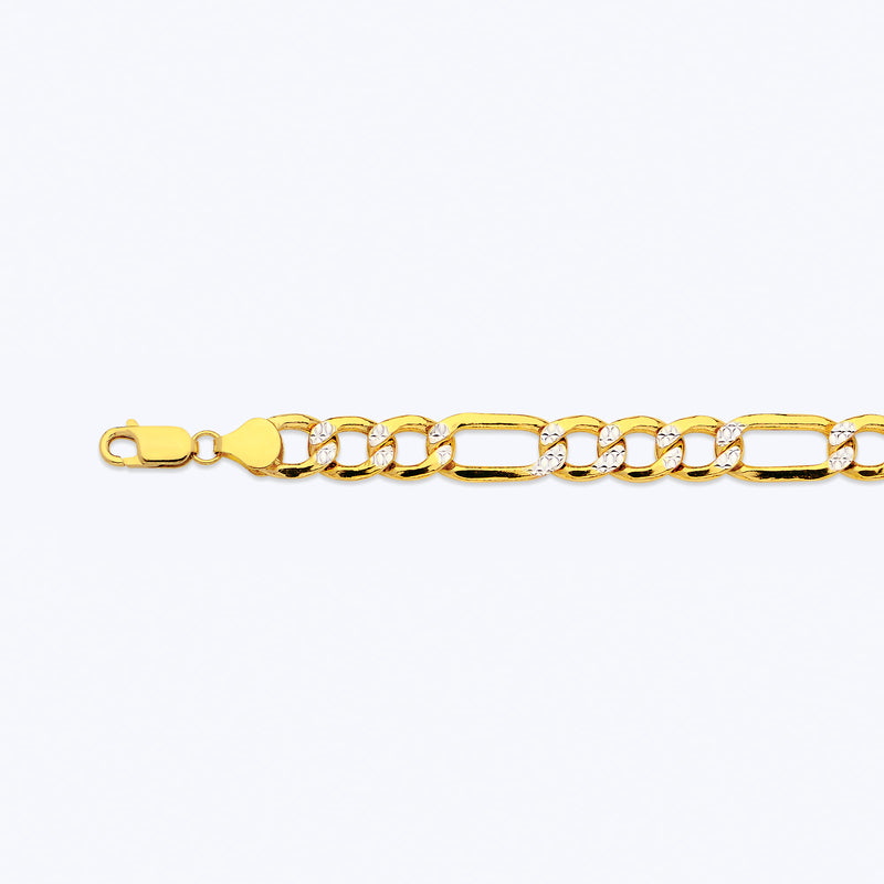 10K 10.5MM YELLOW GOLD HOLLOW PAVE FIGARO 9" CHAIN BRACELET (AVAILABLE IN LENGTHS 7" - 30")