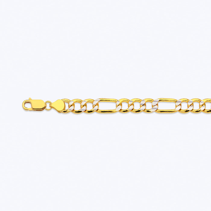 10K 7.5MM YELLOW GOLD HOLLOW PAVE FIGARO 7" CHAIN BRACELET (AVAILABLE IN LENGTHS 7" - 30")