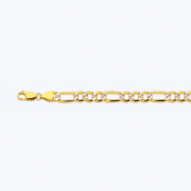 14K 6.5MM YELLOW GOLD HOLLOW PAVE FIGARO 9" CHAIN BRACELET (AVAILABLE IN LENGTHS 7" - 30")