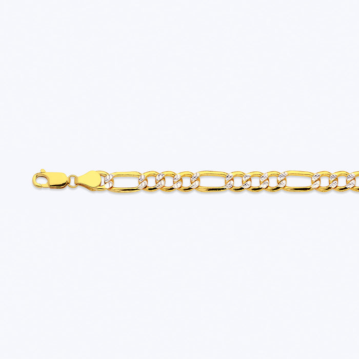 10K 6.5MM YELLOW GOLD HOLLOW PAVE FIGARO 8" CHAIN BRACELET (AVAILABLE IN LENGTHS 7" - 30")