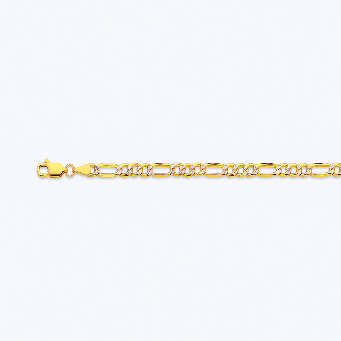 10K 4.5MM YELLOW GOLD HOLLOW PAVE FIGARO 7" CHAIN BRACELET (AVAILABLE IN LENGTHS 7" - 30")