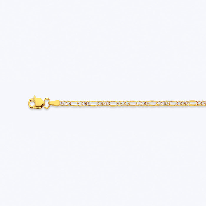 14K 2MM YELLOW GOLD HOLLOW PAVE FIGARO 7.5" CHAIN BRACELET (AVAILABLE IN LENGTHS 7" - 30")