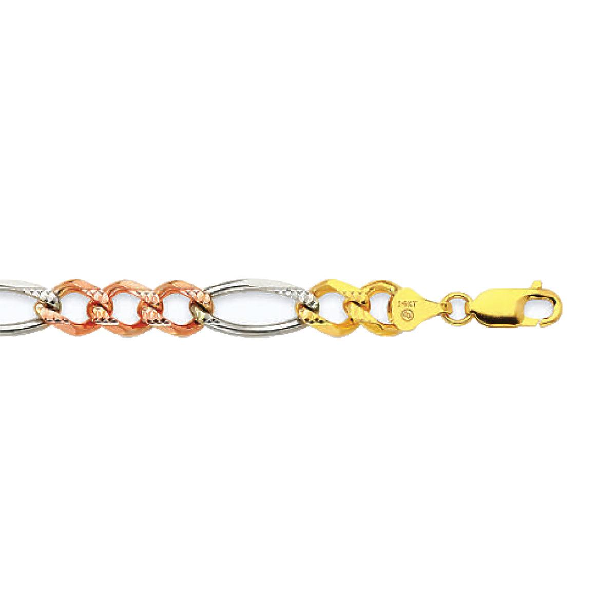 14K 8MM TRICOLOR GOLD SOLID FIGARO 16" CHAIN NECKLACE (AVAILABLE IN LENGTHS 7" - 30")