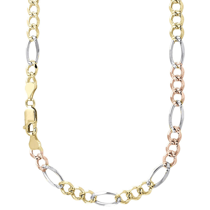 14K 5MM TRICOLOR GOLD SOLID FIGARO 18" CHAIN NECKLACE (AVAILABLE IN LENGTHS 7" - 30")