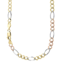 14K 5MM TRICOLOR GOLD HOLLOW FIGARO 26" CHAIN NECKLACE (AVAILABLE IN LENGTHS 7" - 30")