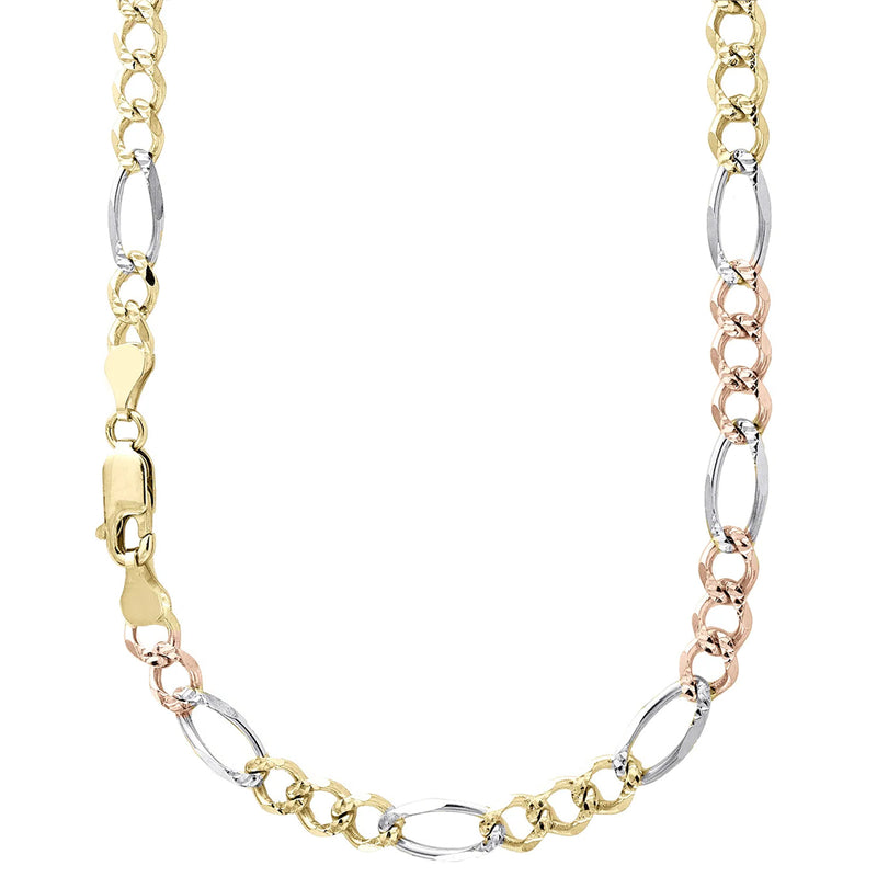 14K 5MM TRICOLOR GOLD HOLLOW FIGARO 26" CHAIN NECKLACE (AVAILABLE IN LENGTHS 7" - 30")