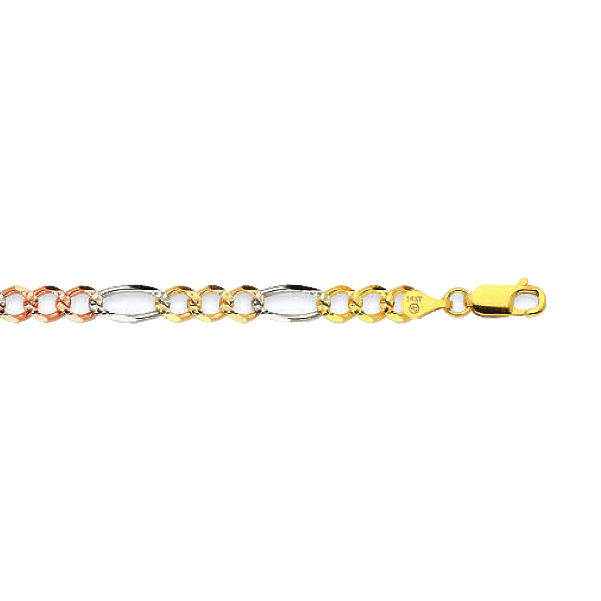 14K 5MM TRICOLOR GOLD HOLLOW FIGARO 30" CHAIN NECKLACE (AVAILABLE IN LENGTHS 7" - 30")