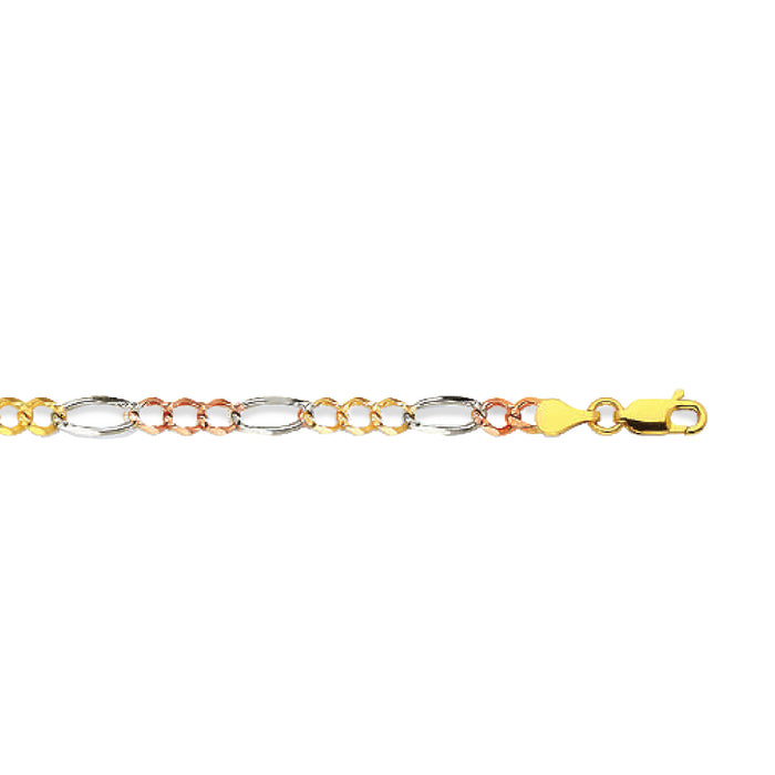 14K 4MM TRICOLOR GOLD SOLID FIGARO 16" CHAIN NECKLACE (AVAILABLE IN LENGTHS 7" - 30")