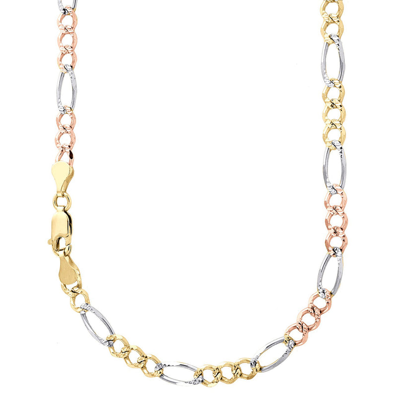 14K 4MM TRICOLOR GOLD SOLID FIGARO 18" CHAIN NECKLACE (AVAILABLE IN LENGTHS 7" - 30")