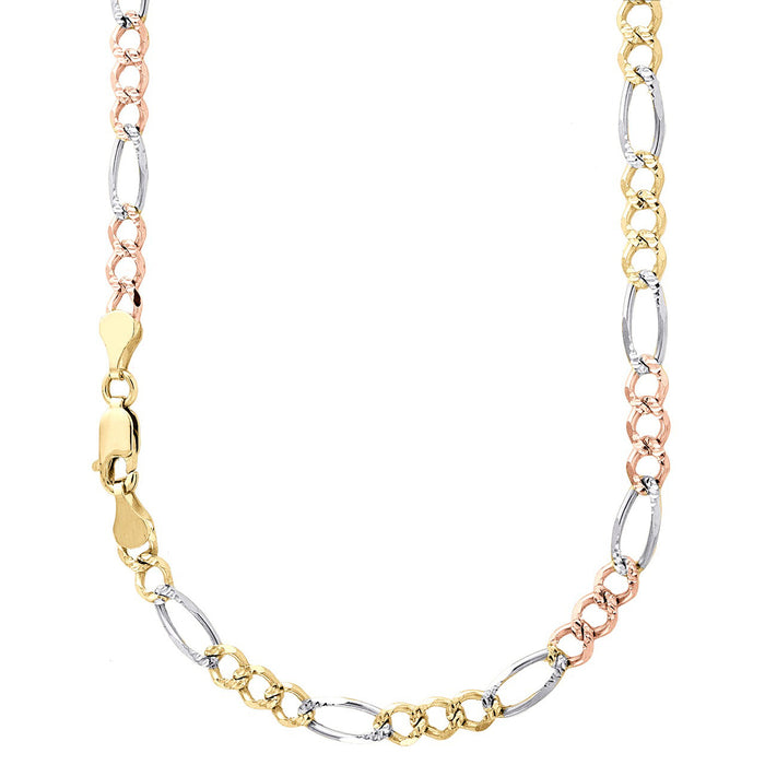 14K 4.5MM TRICOLOR GOLD HOLLOW FIGARO 20" CHAIN NECKLACE (AVAILABLE IN LENGTHS 7" - 30")