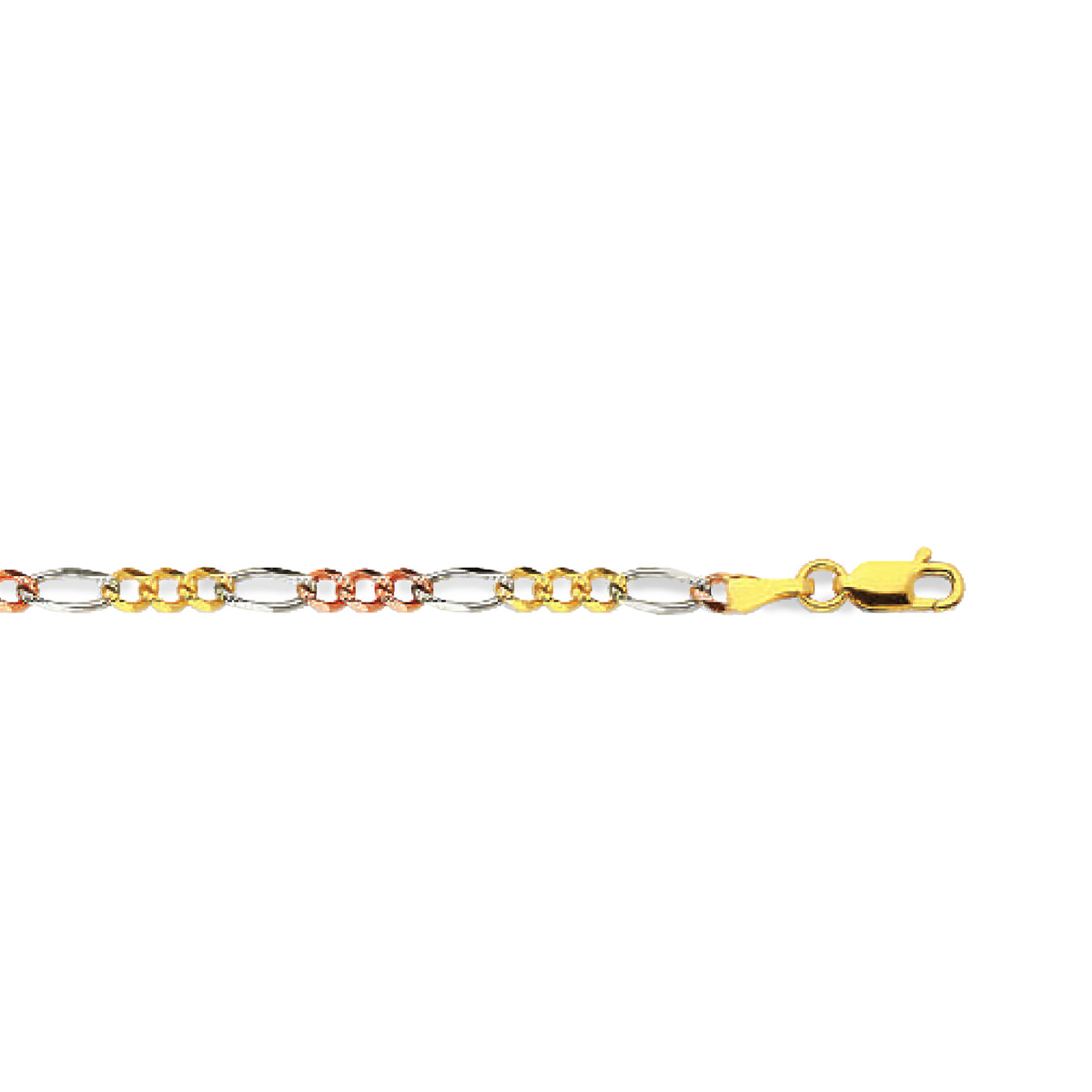 14K 3.5MM TRICOLOR GOLD SOLID FIGARO 22" CHAIN NECKLACE (AVAILABLE IN LENGTHS 7" - 30")