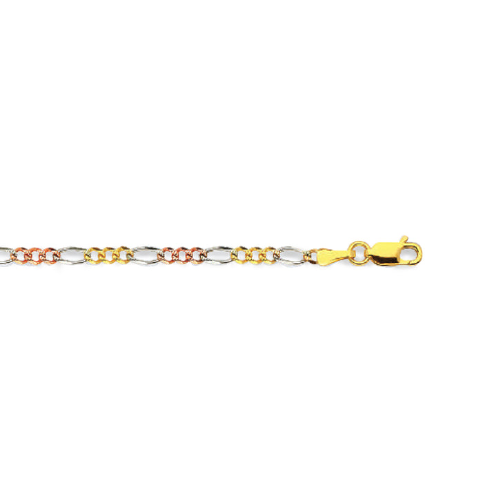 14K 2.5MM TRICOLOR GOLD HOLLOW FIGARO 24" CHAIN NECKLACE (AVAILABLE IN LENGTHS 7" - 30")