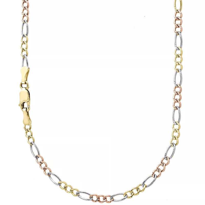 14K 2.5MM TRICOLOR GOLD HOLLOW FIGARO 26" CHAIN NECKLACE (AVAILABLE IN LENGTHS 7" - 30")