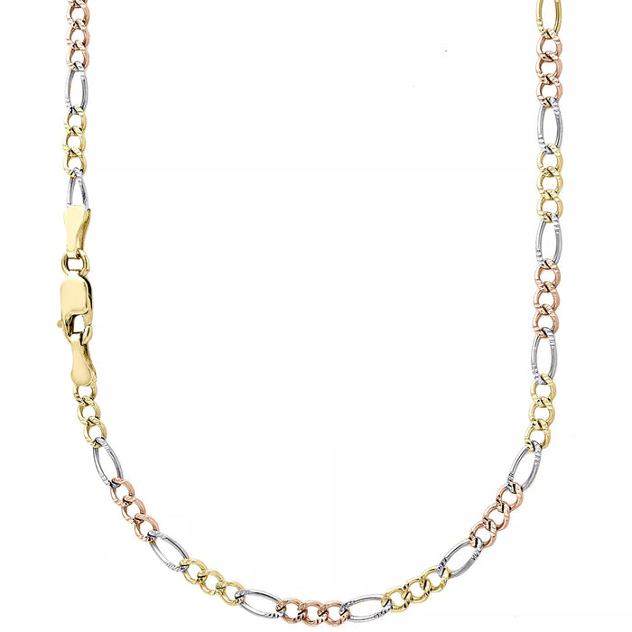 14K 2.5MM TRICOLOR GOLD SOLID FIGARO 24" CHAIN NECKLACE (AVAILABLE IN LENGTHS 7" - 30")