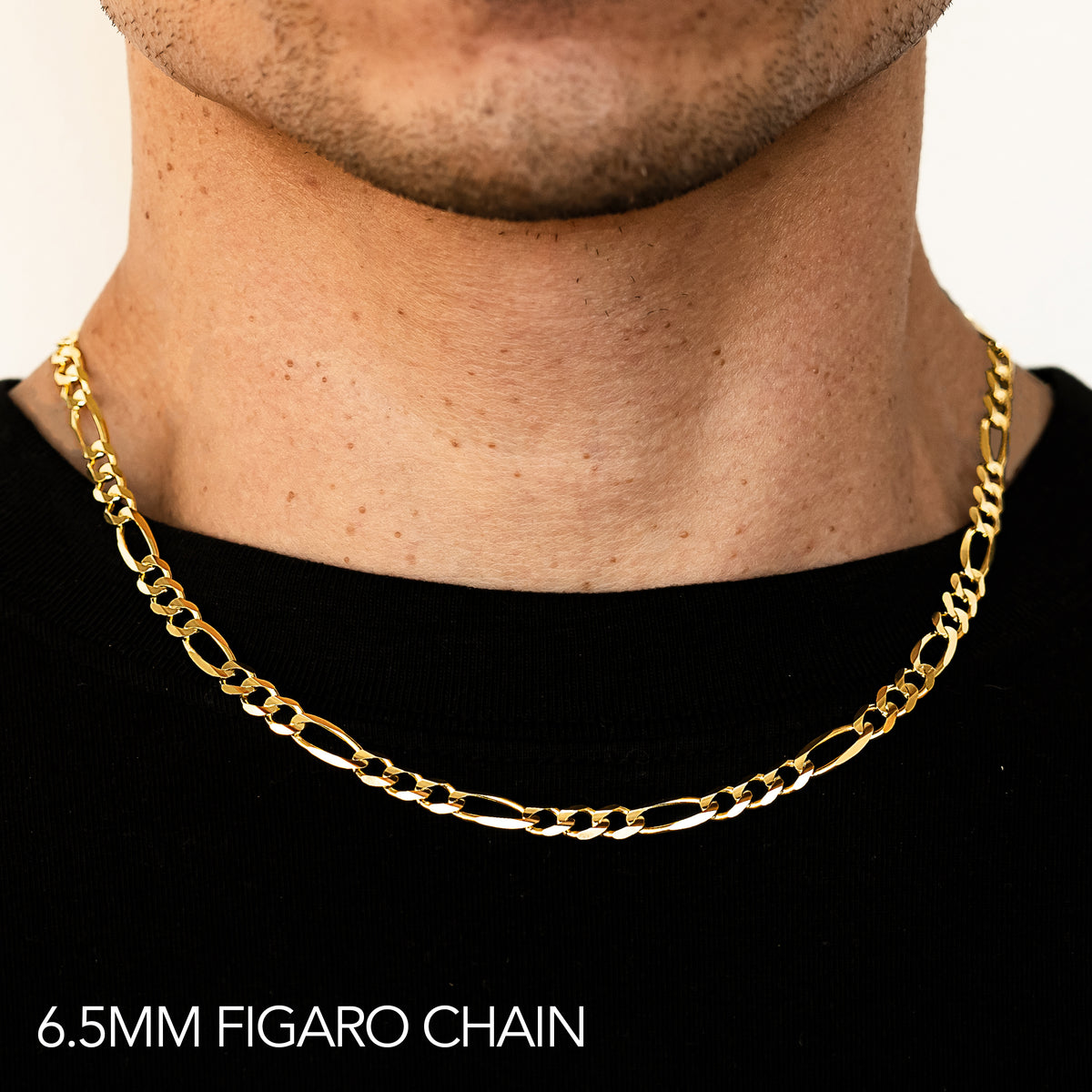 14K 6.5MM YELLOW GOLD SOLID FIGARO 30" CHAIN NECKLACE (AVAILABLE IN LENGTHS 7" - 30")