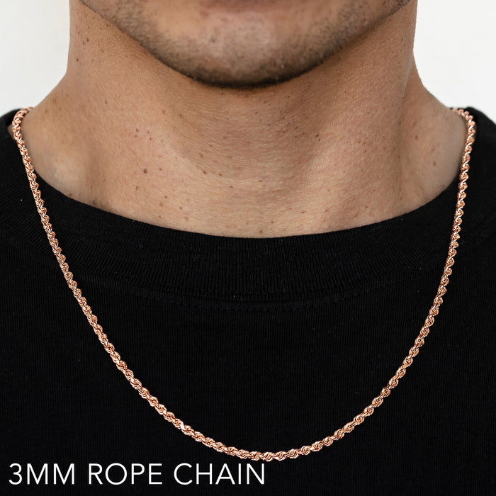 14K 3MM ROSE GOLD SOLID DC ROPE 16" CHAIN NECKLACE (AVAILABLE IN LENGTHS 7" - 30")