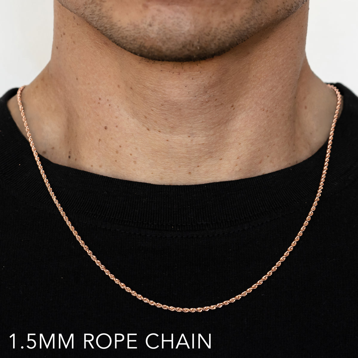 14K 1.5MM ROSE GOLD SOLID DC ROPE 16" CHAIN NECKLACE (AVAILABLE IN LENGTHS 7" - 30")