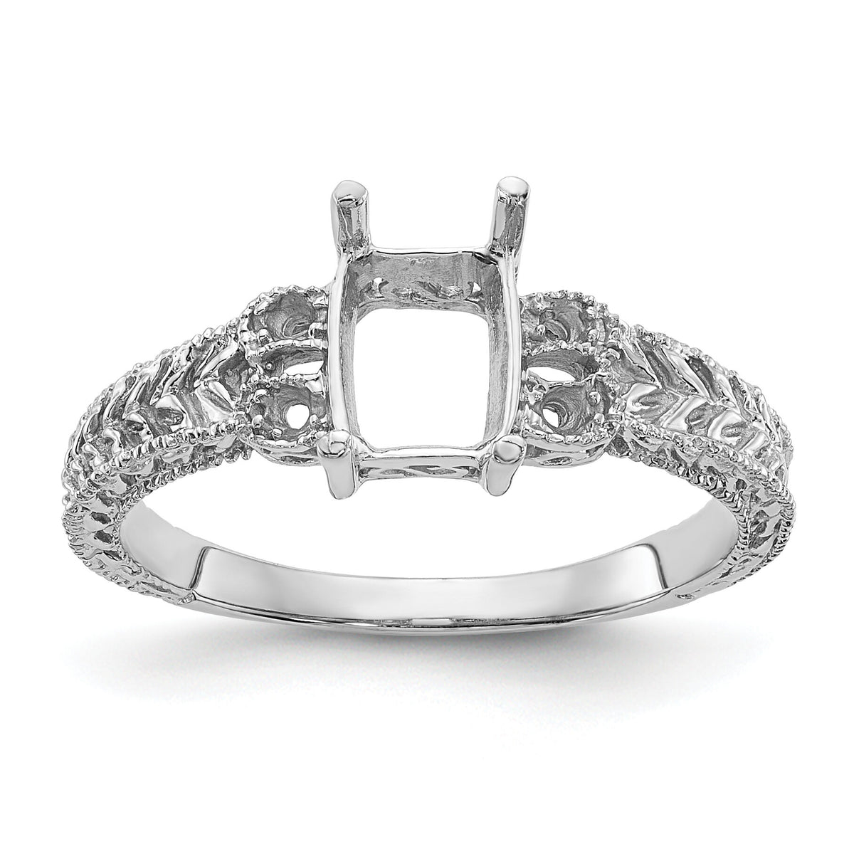 14k White Gold .04ct. Diamond/7x5 Emerald-cut Gemstone Ring Mounting-Y2266