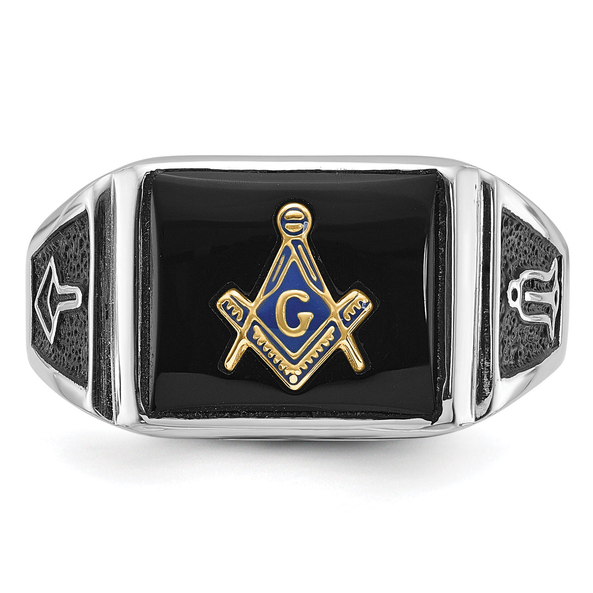 10kw Men's Polished & Textured w/ Black Enamel & Onyx Masonic Ring-1Y4108WM