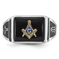 10kw Men's Polished & Textured w/ Black Enamel & Onyx Masonic Ring-1Y4108WM