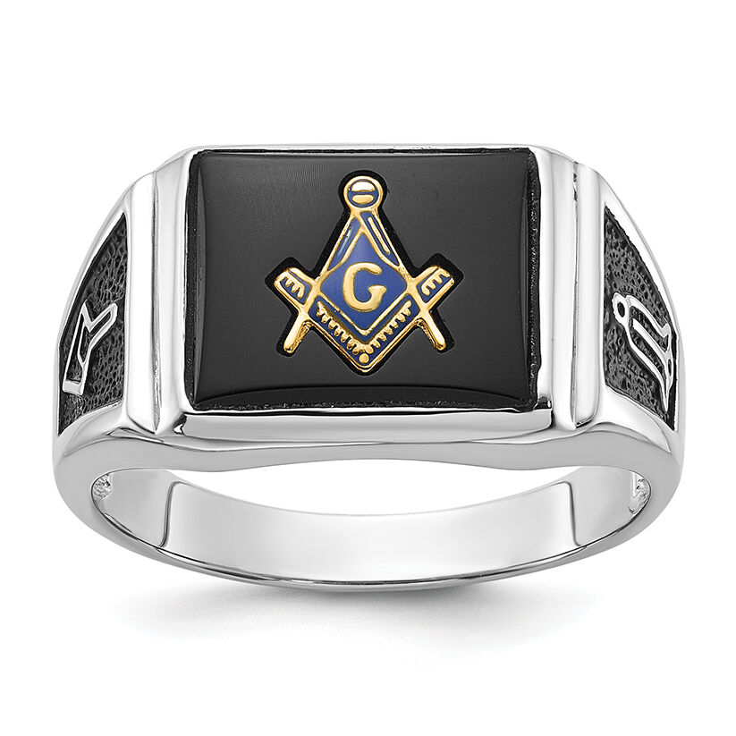10kw Men's Polished & Textured w/ Black Enamel & Onyx Masonic Ring-1Y4108WM