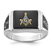 10kw Men's Polished & Textured w/ Black Enamel & Onyx Masonic Ring-1Y4108WM