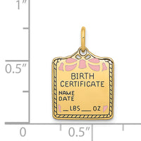 14k Enameled Pink Engravable Birth Certificate Charm-A0363/P
