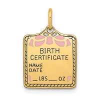 14k Enameled Pink Engravable Birth Certificate Charm-A0363/P