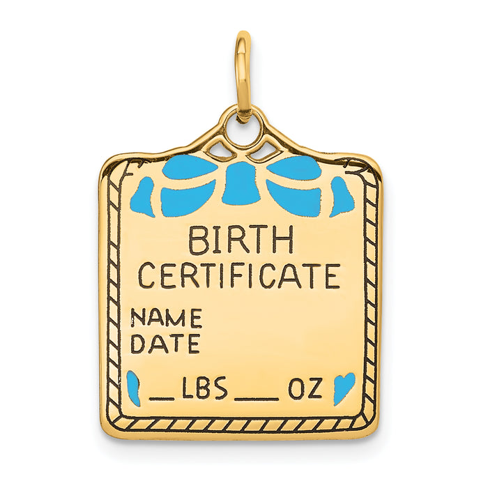 14k Enameled Blue Engravable Birth Certificate Charm-A0364/B