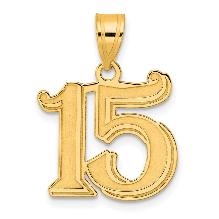 14k Polished Etched Number 15 Pendant-AEN15