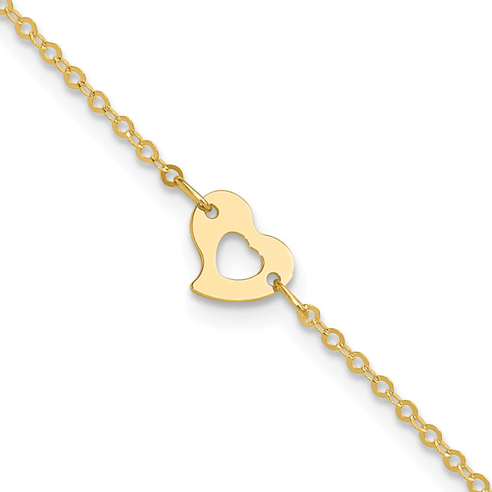 14k Polished Heart 9in Plus 1in ext Anklet-ANK143-10