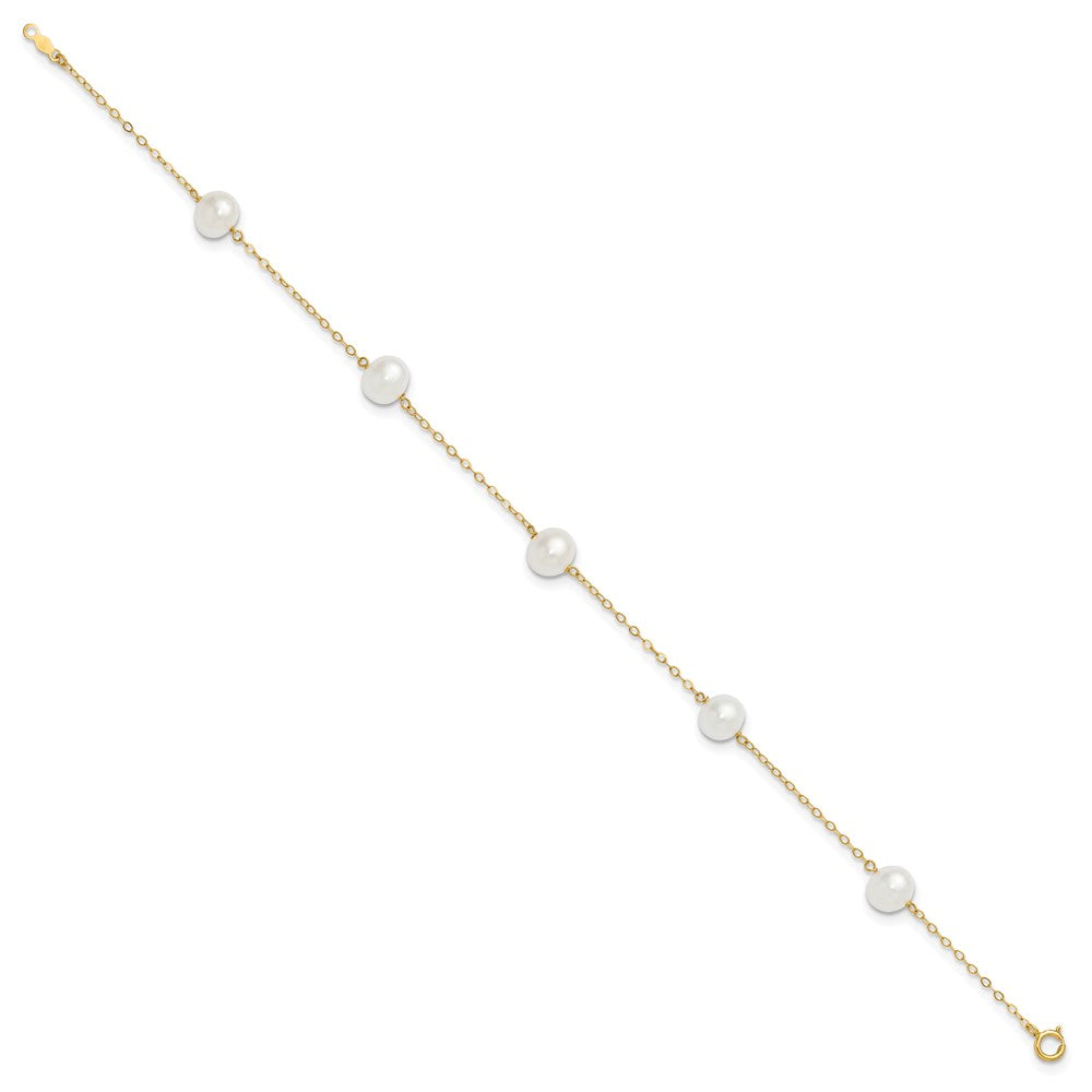 14K 7-8mm White Near Round FW Cultured Pearl 5-station 9in Anklet-ANK144-9