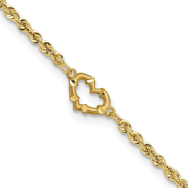 14k Diamond-cut Rope with Heart 11in Anklet-ANK154-11