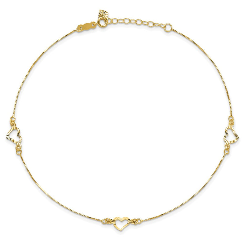 14k Diamond-cut Heart 10in Plus 1in ext. Anklet-ANK156-10