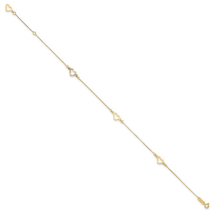 14K Fancy Heart 10in Plus 1in ext. Anklet-ANK157-10