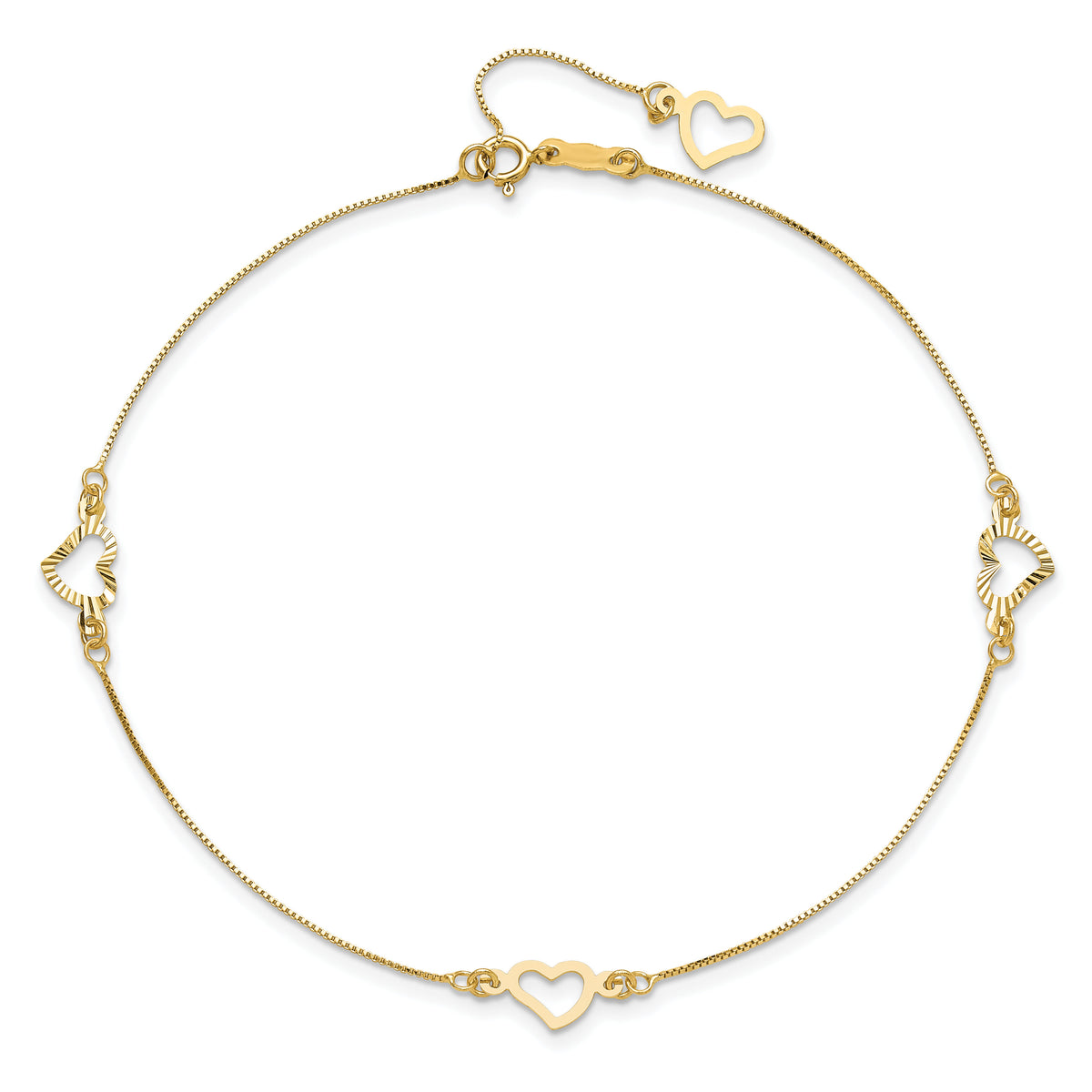 14K Fancy Heart 10in Plus 1in ext. Anklet-ANK157-10