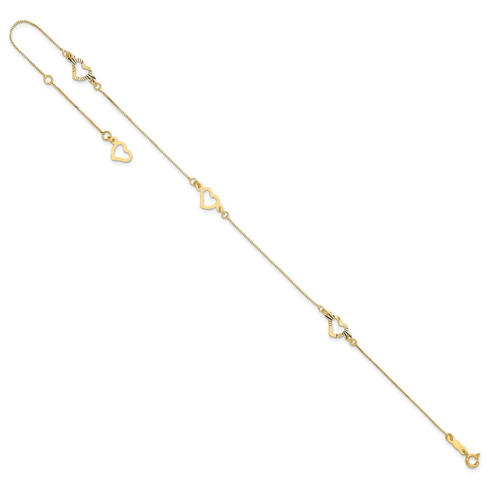 14K Fancy Heart 10in Plus 1in ext. Anklet-ANK157-10