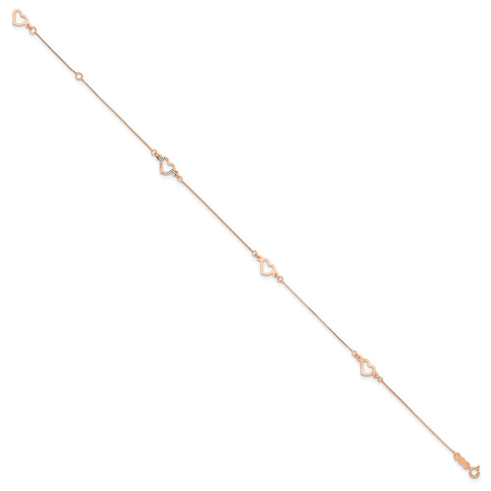 14k Rose Gold  Adjustable Fancy Heart 9in Plus 1in Ext. Anklet-ANK157R-9