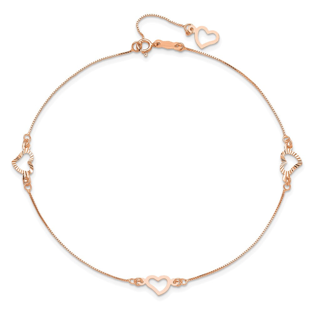 14k Rose Gold  Adjustable Fancy Heart 9in Plus 1in Ext. Anklet-ANK157R-9