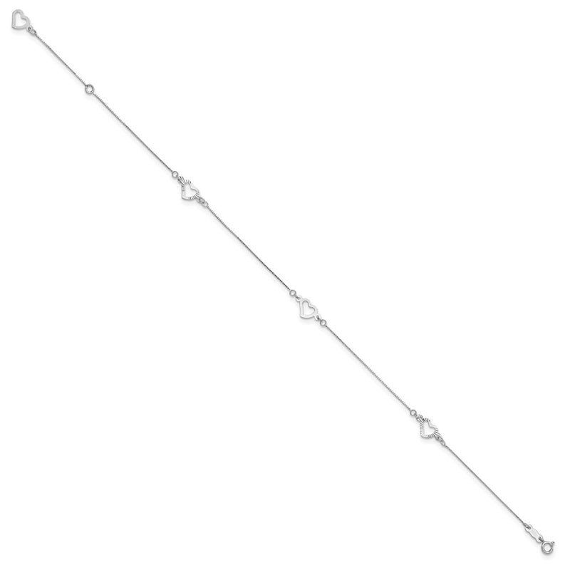 14K White Gold Fancy Heart 9in Plus 1in ext. Anklet-ANK157W-9