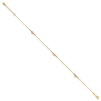 14k Tri-Color Puffed Heart 9in Plus 1in ext Anklet-ANK161-9