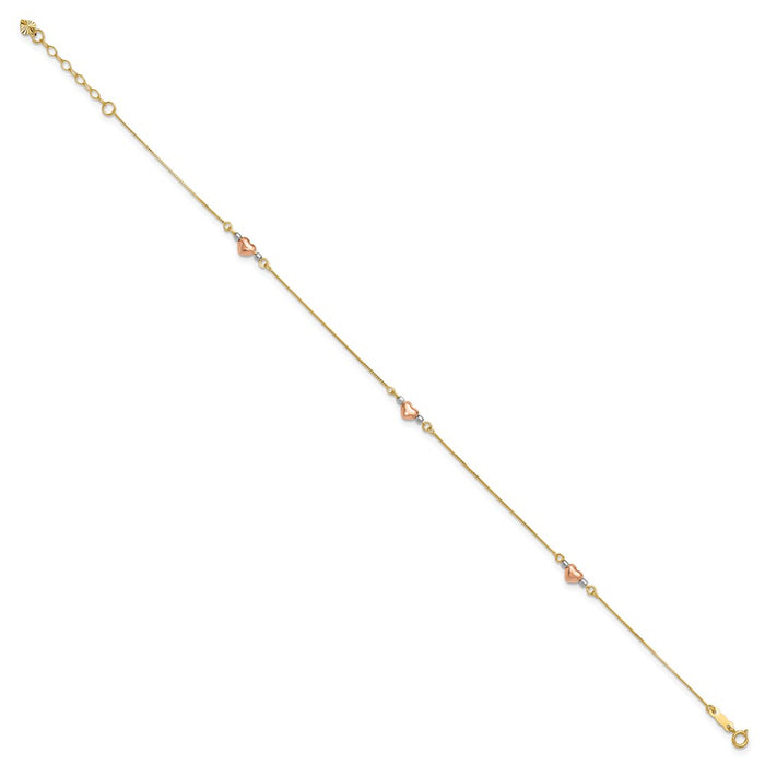 14k Tri-Color Puffed Heart 9in Plus 1in ext Anklet-ANK161-9