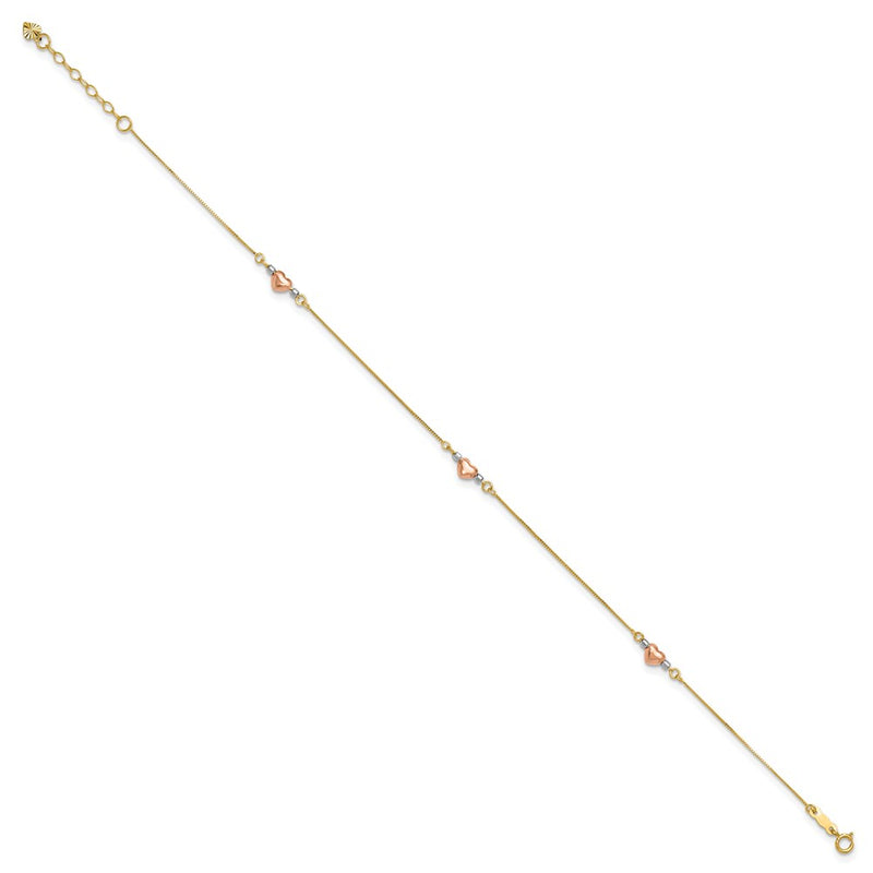 14k Tri-Color Puffed Heart 9in Plus 1in ext Anklet-ANK161-9