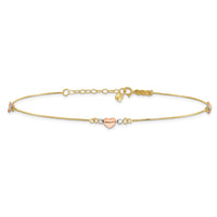 14k Tri-Color Puffed Heart 10in Plus 1in ext Anklet-ANK161-10